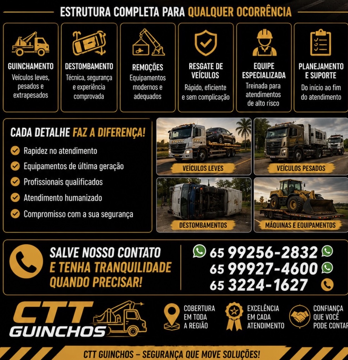 CTT Guinchos reforça atendimento 24 horas com estrutura para veículos leves, pesados e máquinas