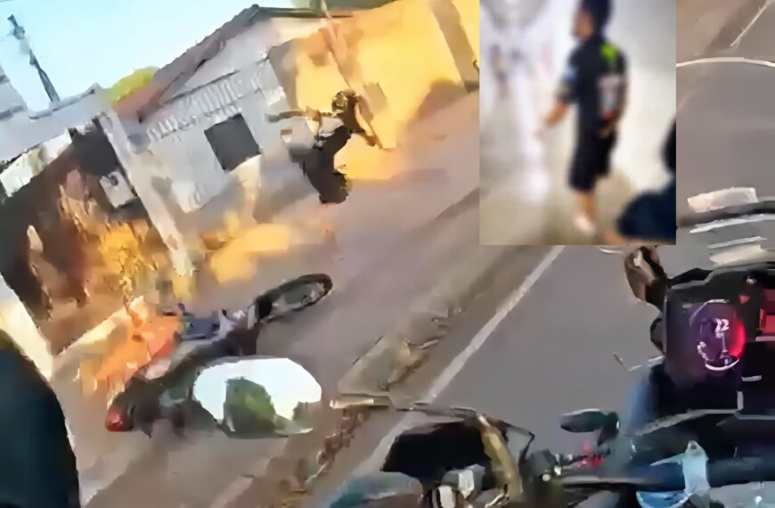 Vídeo mostra motociclista em fuga da PRF cair com garupa e tentar escapar a pé em Rondonópolis